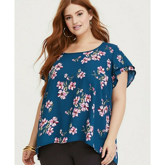torrid Tops - Torrid Blue Flutter Short Sleeve Gorgette Blouse